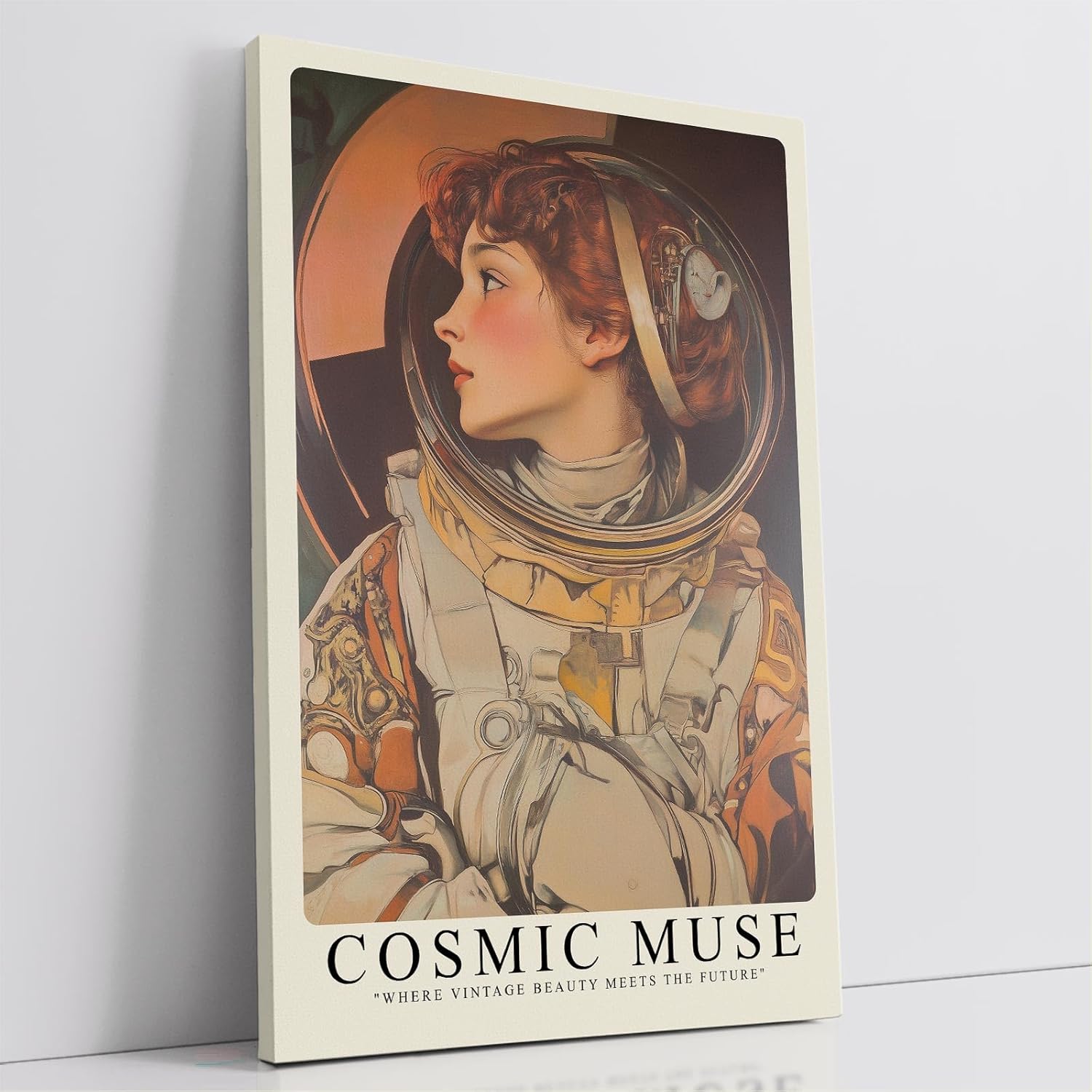 Paul Sinus Leinwandbild 80x120cm Leinwandbild Cosmic Muse – Faszinierende Illustration einer Astronautin mit Vintage-Ästhetik, futuristische Eleganz