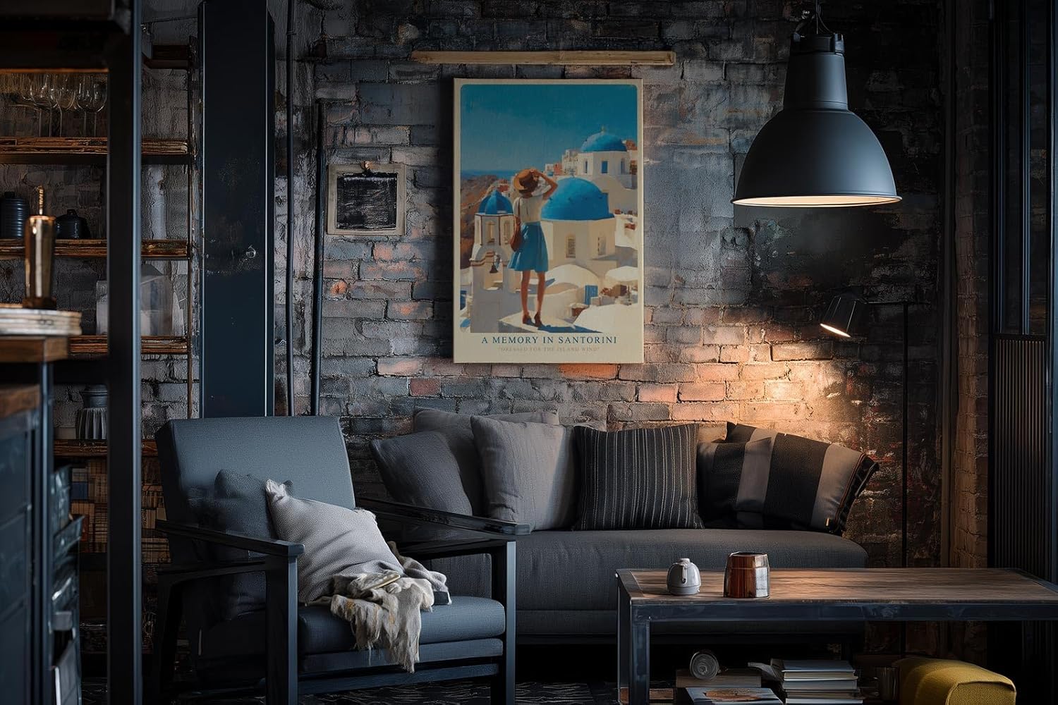 Paul Sinus Wandbild in 40x60cm A Memory in Santorini – Frau in blauem Rock und Strohhut vor weißen Häusern und blauen Kuppeln, sonnige Mittelmeeridylle