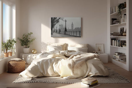 Sinus Art Wandbild 120x80cm Klassische London-Szene mit Laternenreihe und ikonischer Silhouette – elegant und urban