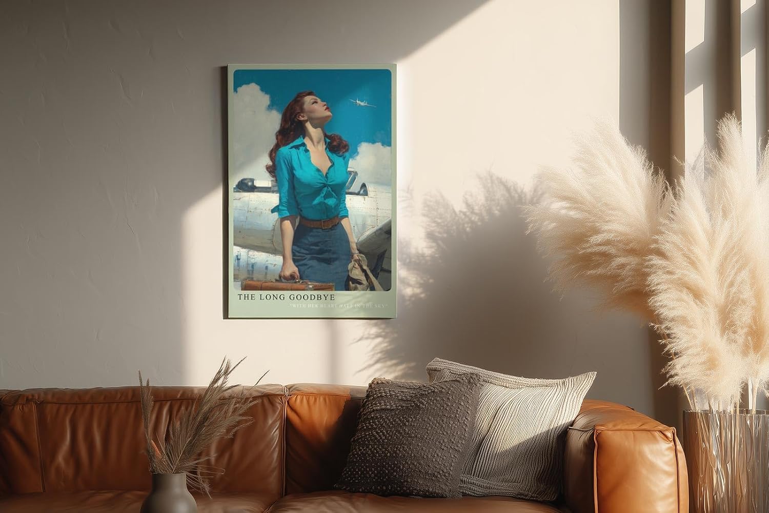 Paul Sinus Wandbild in 40x60cm The Long Goodbye mit stilvoller Frau vor silbernem Flugzeug und Blick in den Himmel für elegante Wandgestaltung