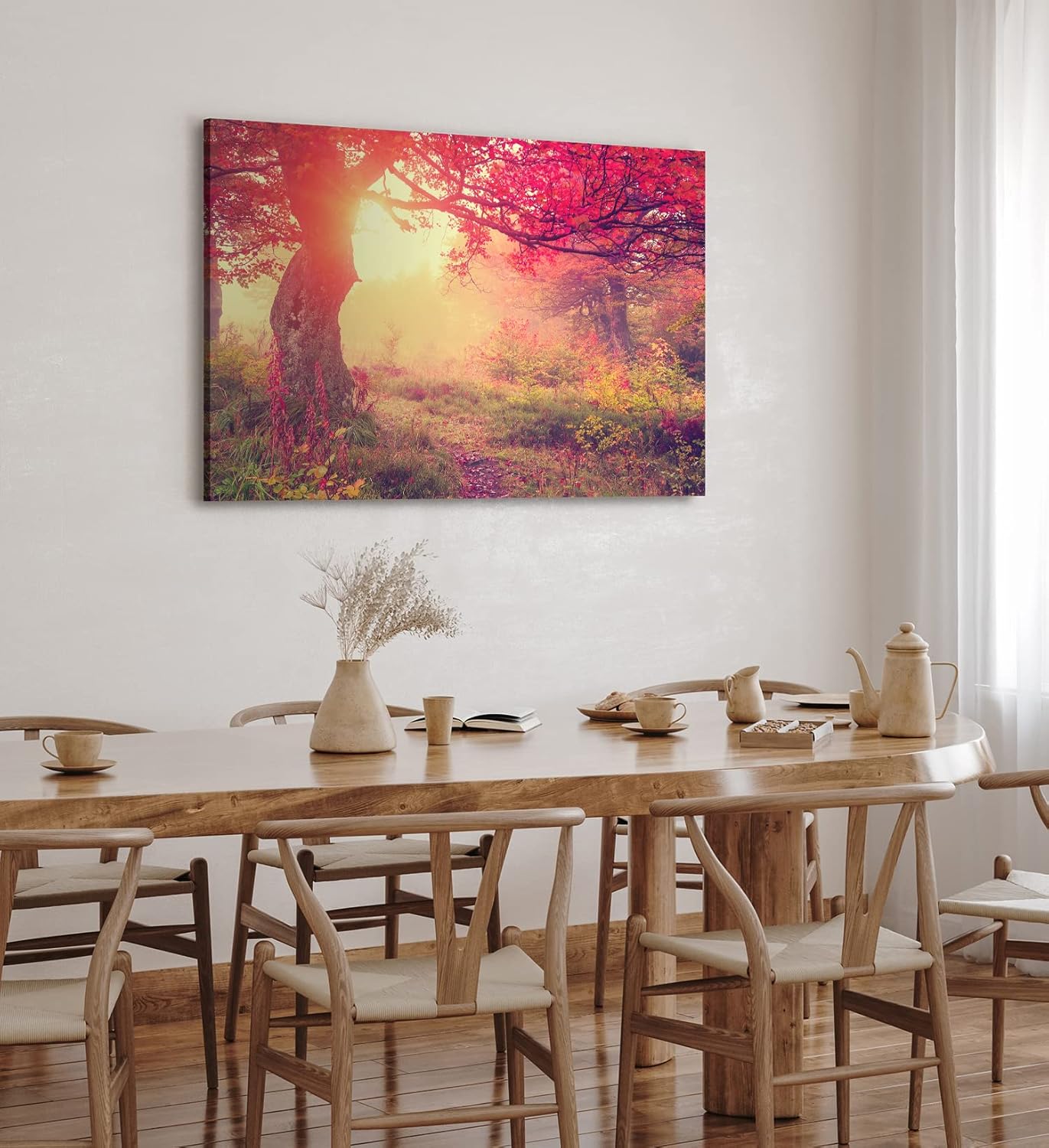 Wandbild 120x80cm Wald Herbst rote Blätter Natur Baum Eiche Sonnenschein