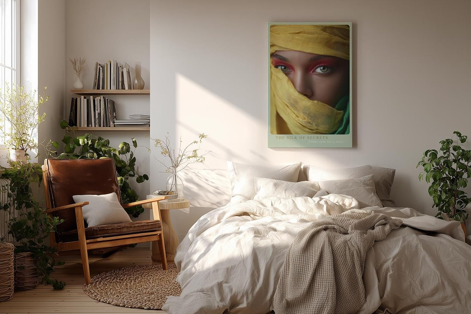 Paul Sinus Wandbild in 40x60cm The Silk of Secrets – Intensiver Blick mit gelbem und grünem Tuch umhüllt