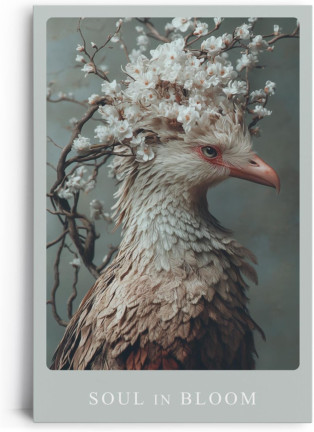Paul Sinus Leinwandbild 80x120cm Leinwandbild Soul in Bloom naturverbundene Kunst poetische Eleganz florale Harmonie stilvolle Ästhetik Vogel mit Blüten