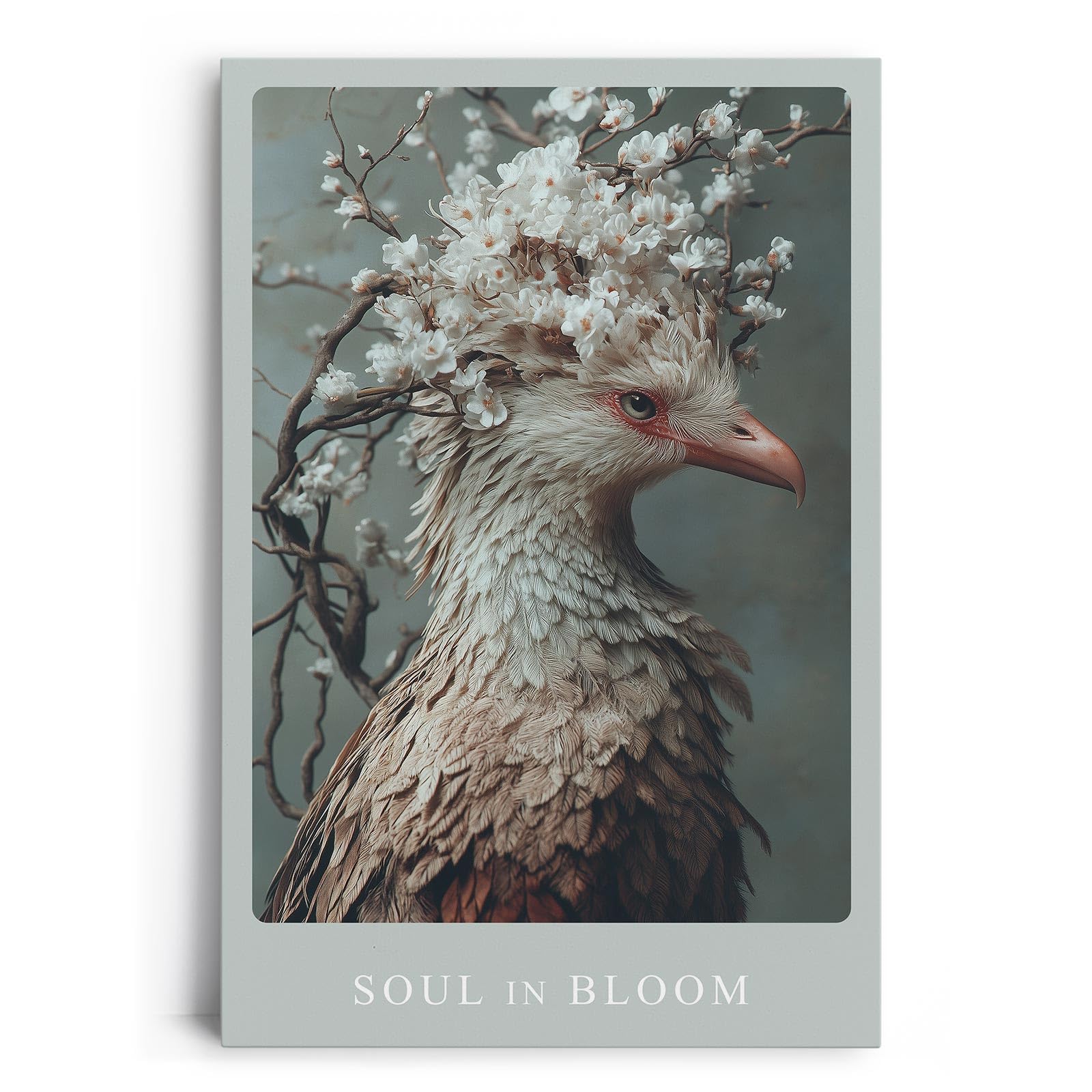 Paul Sinus Leinwandbild 80x120cm Leinwandbild Soul in Bloom naturverbundene Kunst poetische Eleganz florale Harmonie stilvolle Ästhetik Vogel mit Blüten