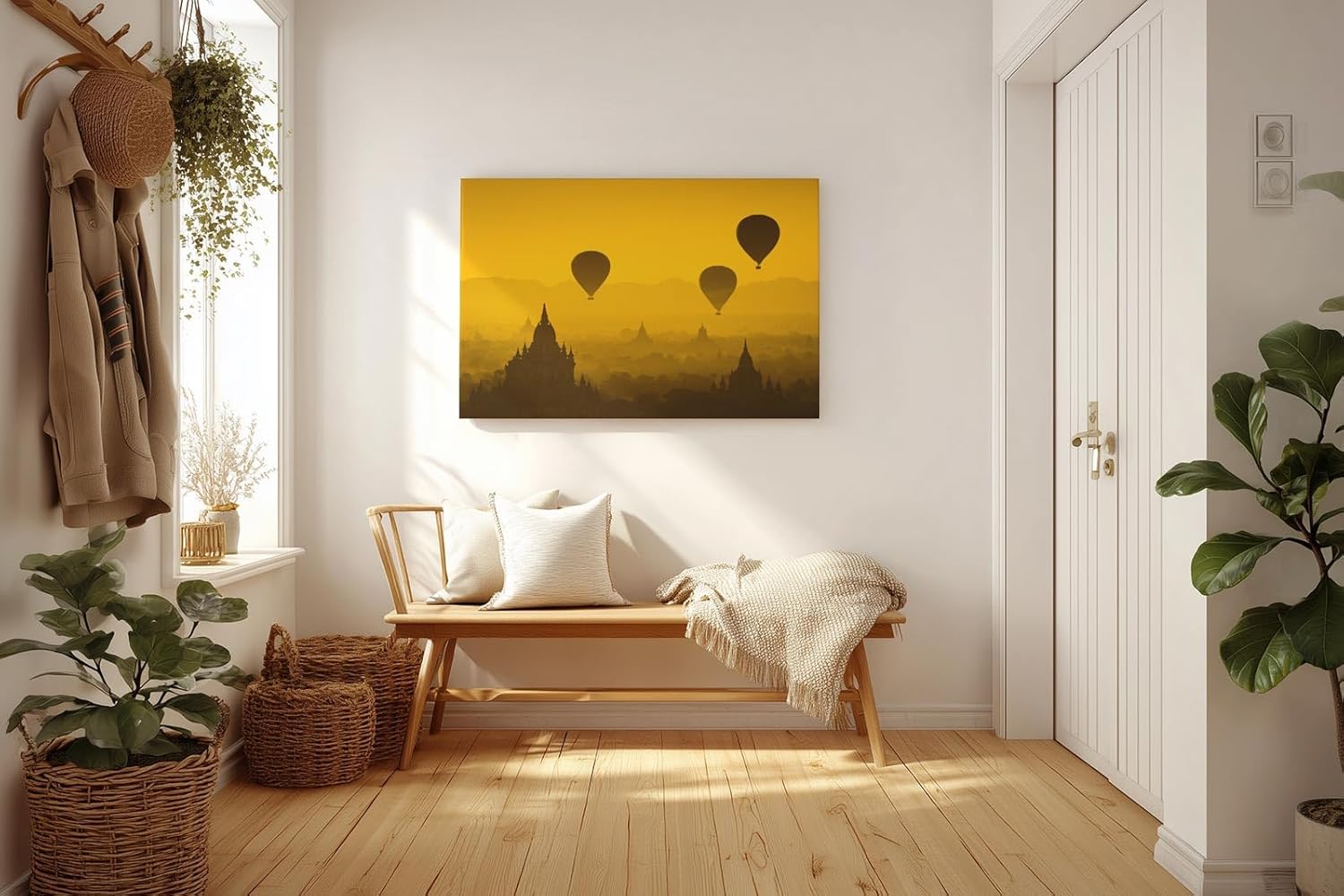 Sinus Art Wandbild 120x80cm Heißluftballons schweben über Pagoden im warmen Licht eines goldenen Himmels