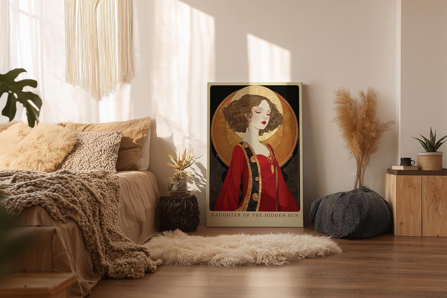 Paul Sinus Wandbild in 40x60cm Daughter of the Hidden Sun Stilisiertes Frauenporträt in Rot und Gold mit ornamentalen Details für luxuriöse Raumgestaltung