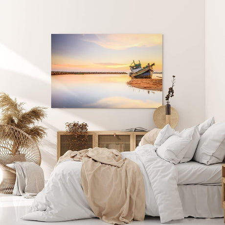 Paul Sinus Wandbild 120x80cm Meer Fischerboot Schiffswrack Fotokunst rosa Himmel