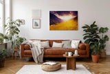 Sinus Art Wandbild 120x80cm Sonnenuntergang taucht Bergwiese in goldenes Licht mit dramatischem Himmel