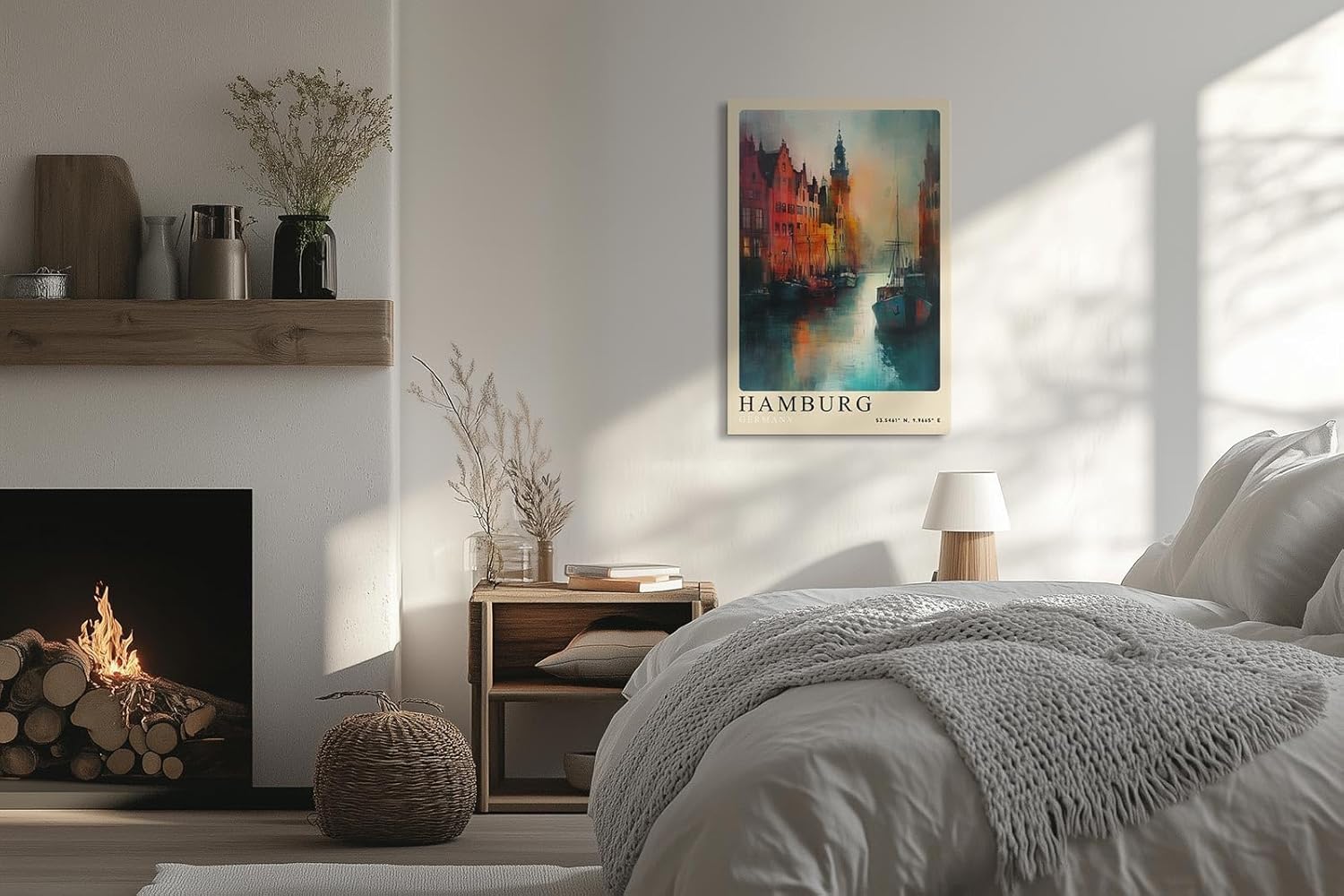 Paul Sinus Leinwandbild 80x120cm Hamburg Harbor Lights – Farbenfrohe Hafenszene mit historischen Gebäuden, Spiegelungen im Wasser