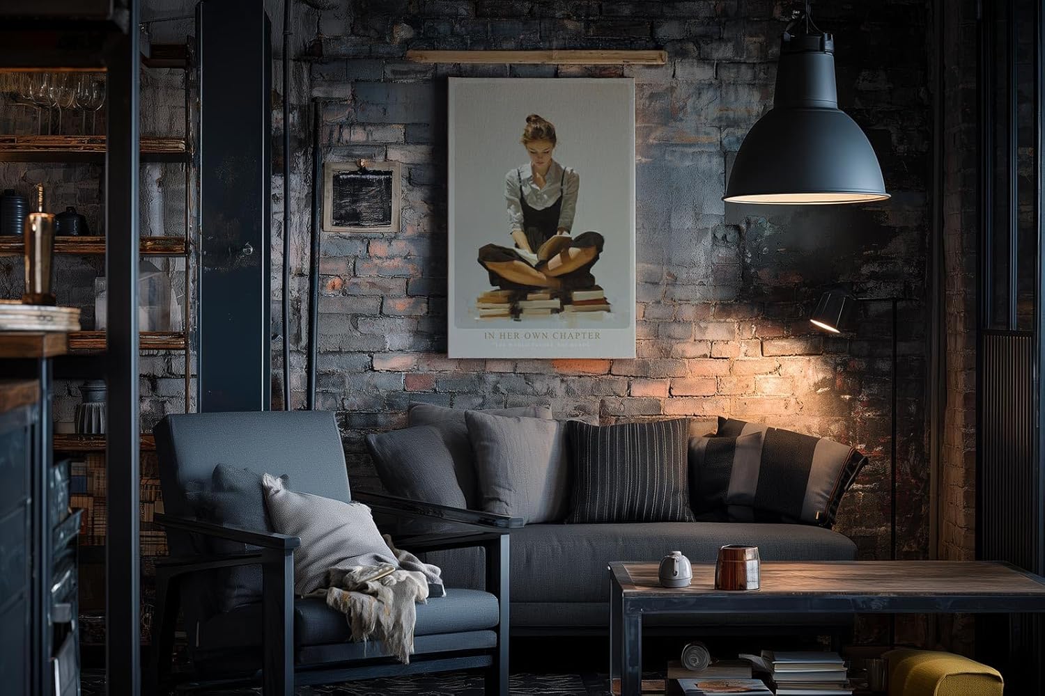 Paul Sinus Wandbild in 40x60cm In Her Own Chapter – Ausdrucksstarkes Porträt einer jungen Frau, auf Bücherstapeln sitzend und lesend, moderne Bilder mit klaren Linien und warmen Akzenten