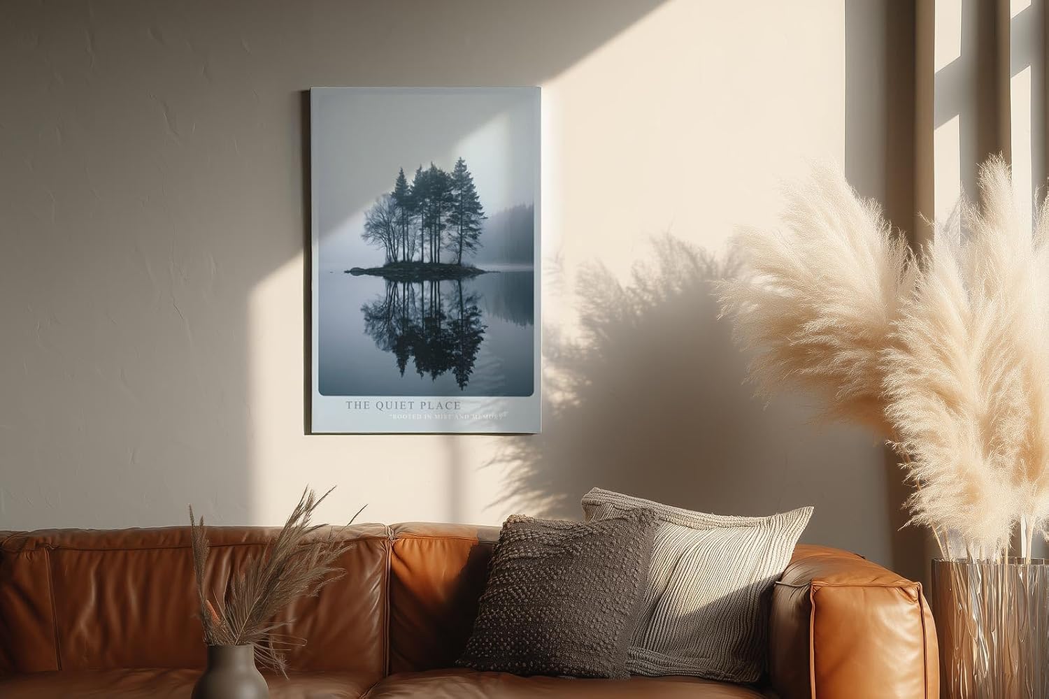 Paul Sinus Wandbild in 40x60cm The Quiet Place – Nebelige Bauminsel mit Spiegelung im See, beruhigendes Naturmotiv in sanften Blautönen