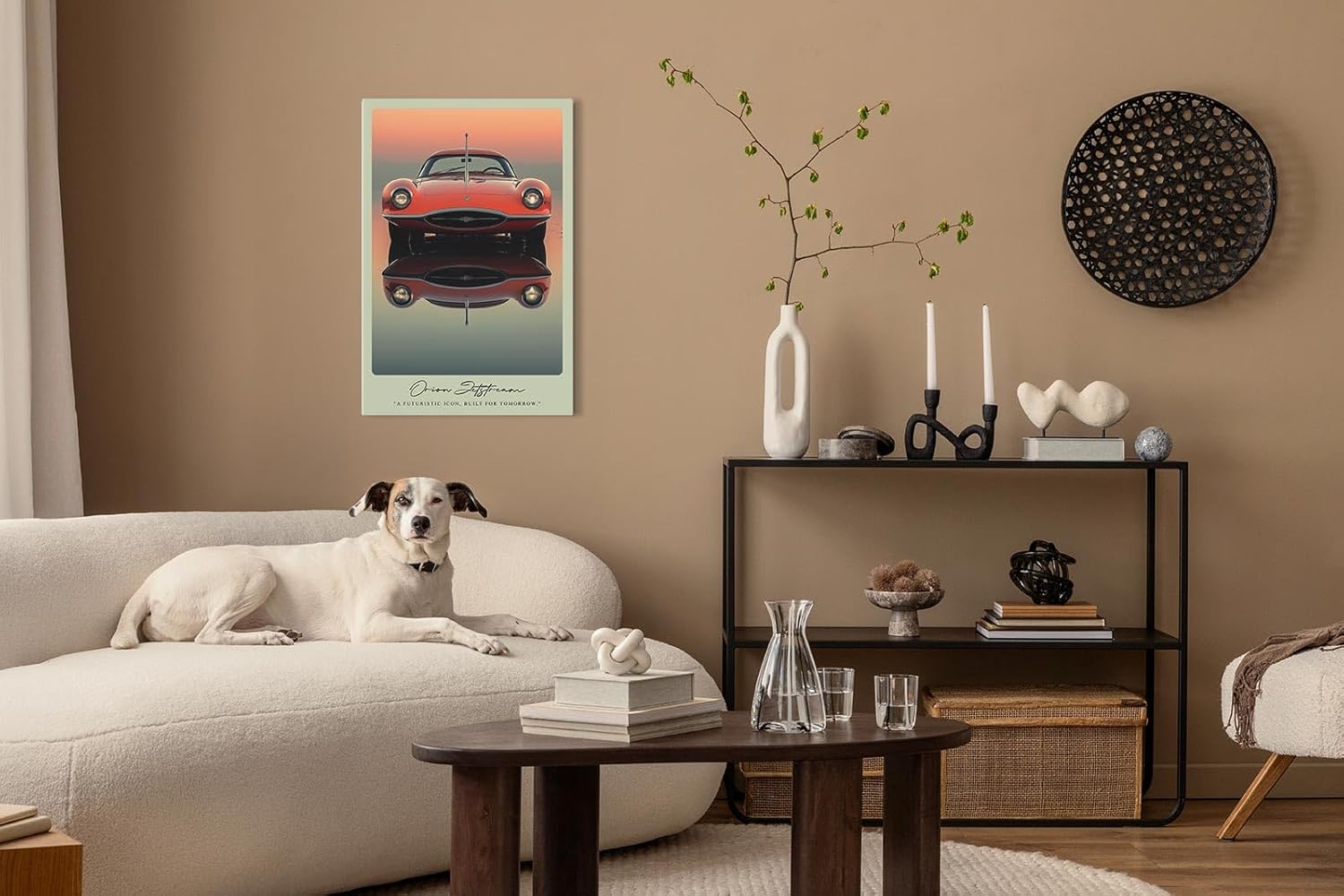 Paul Sinus Leinwandbild 80x120cm Orion Jetstream Leinwandbild futuristischer Sportwagen mit ikonischem Design in dramatischer Abendstimmung