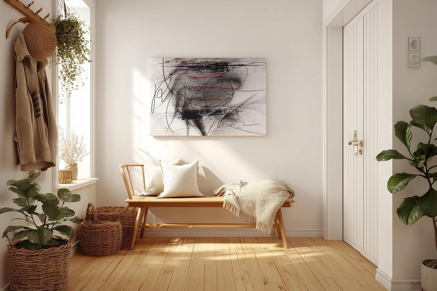 Sinus Art Wandbild 120x80cm Geschwungene schwarze Linien auf weißem Grund mit Farbverläufen und Textur