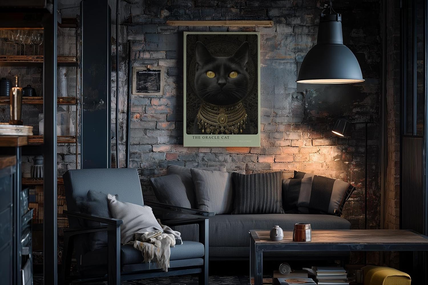 Paul Sinus Wandbild in 40x60cm The Oracle Cat mit schwarzer Katze und goldenen Augen vor ornamentalem Hintergrund für edle Wandgestaltung
