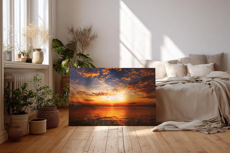 Sinus Art Wandbild 120x80cm Imposanter Sonnenuntergang mit Spiegelungen auf der Wasseroberfläche und fliegenden Vögeln