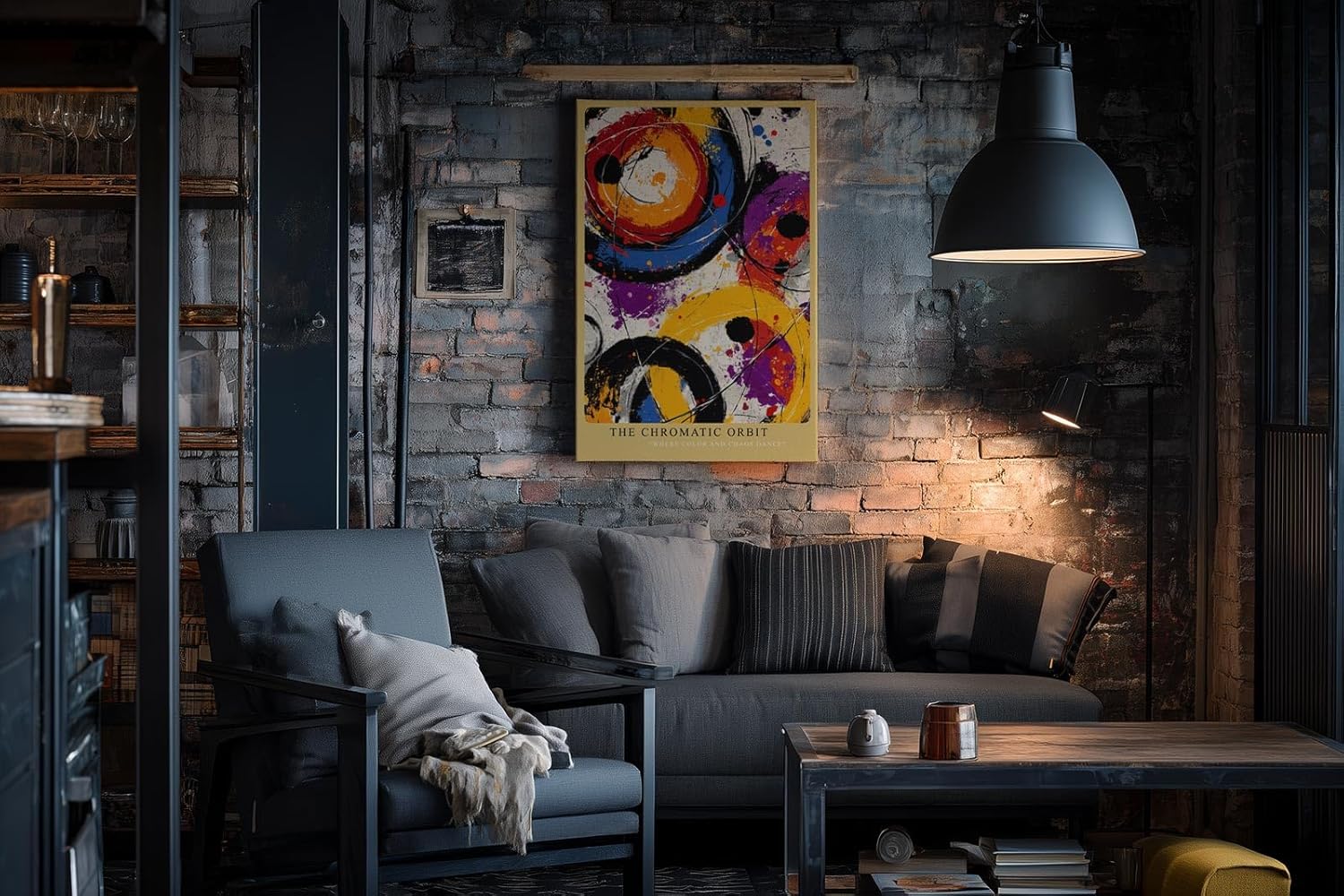 Paul Sinus Wandbild in 40x60cm The Chromatic Orbit – Abstrakte Kreisformationen in kräftigem Orange, Blau, Violett, Rot und Schwarz mit dynamischen Farbspritzern