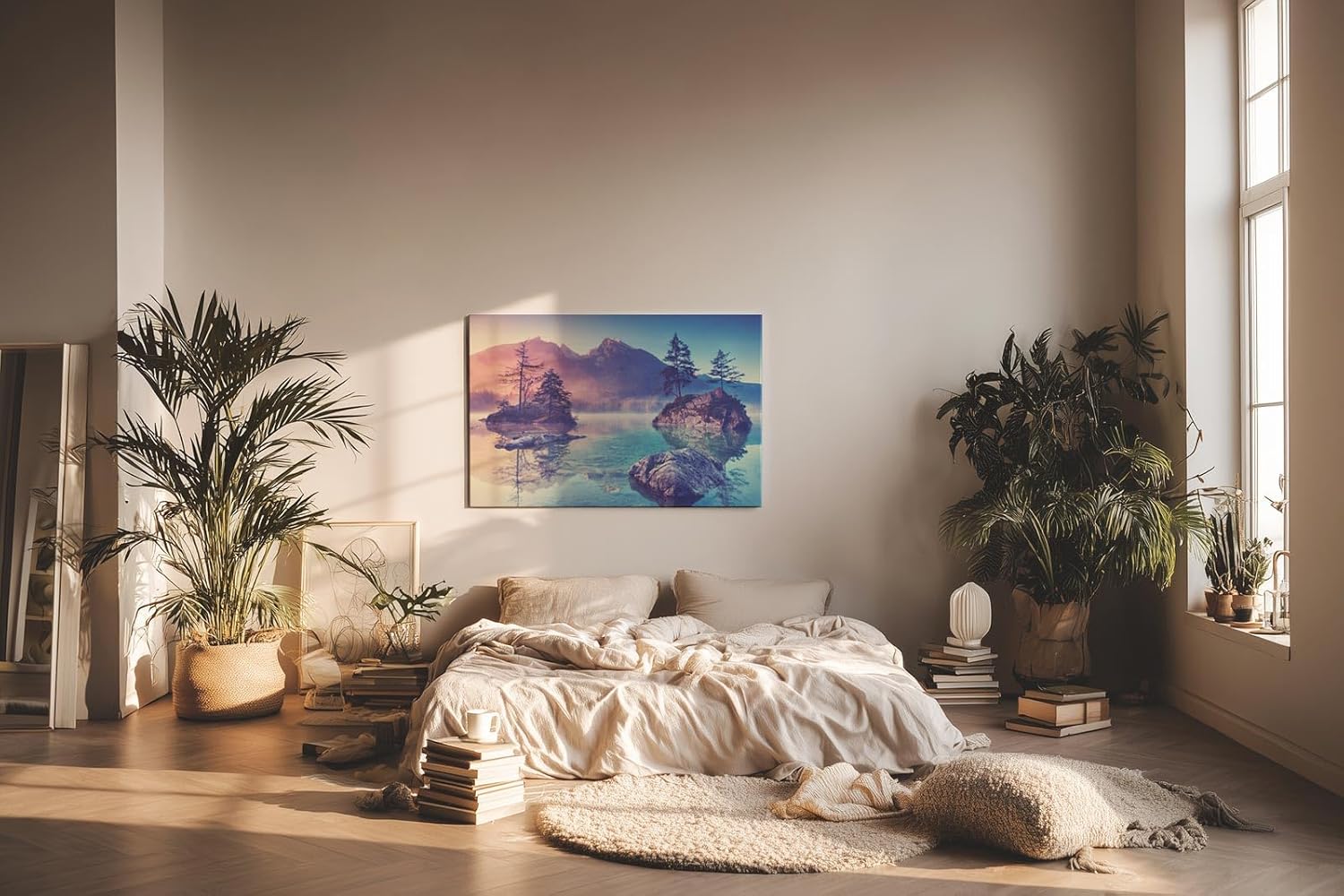 Sinus Art Wandbild 120x80cm Bergsee mit kleinen Inseln und sanfter Lichtstimmung – romantisch und naturverbunden