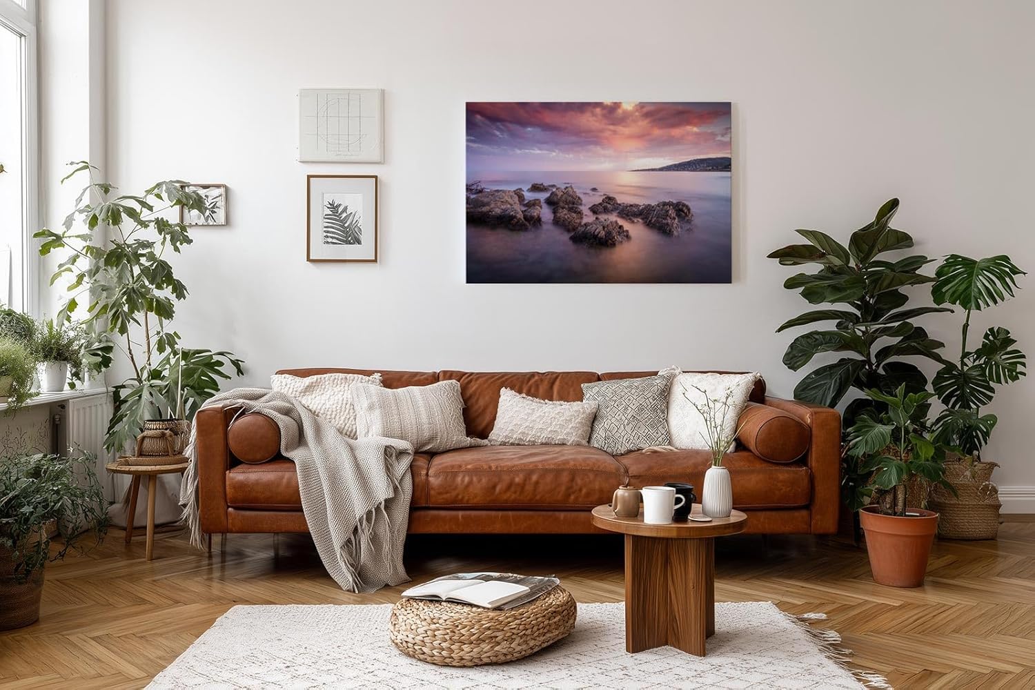 Sinus Art Wandbild 120x80cm Sanfte Wellen, Felsen im Wasser und ein farbintensiver Abendhimmel schaffen Harmonie und Weite