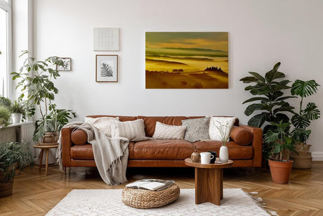Sinus Art Wandbild 120x80cm Malerische Landschaft der Toskana mit Nebelfeldern und Sonnenlicht – beruhigend und träumerisch