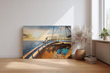 Sinus Art Wandbild 120x80cm Atmosphärisches Meermotiv mit Perspektive vom Holzdeck eines Segelboots bei Sonnenuntergang