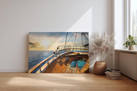 Sinus Art Wandbild 120x80cm Atmosphärisches Meermotiv mit Perspektive vom Holzdeck eines Segelboots bei Sonnenuntergang