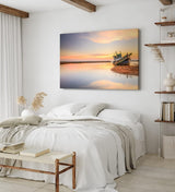 Paul Sinus Wandbild 120x80cm Meer Fischerboot Schiffswrack Fotokunst rosa Himmel