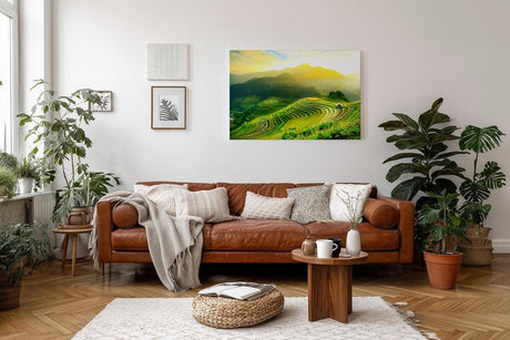 Sinus Art Wandbild 120x80cm Leuchtende Reisterrassen in der Morgensonne vor sanftem Bergpanorama