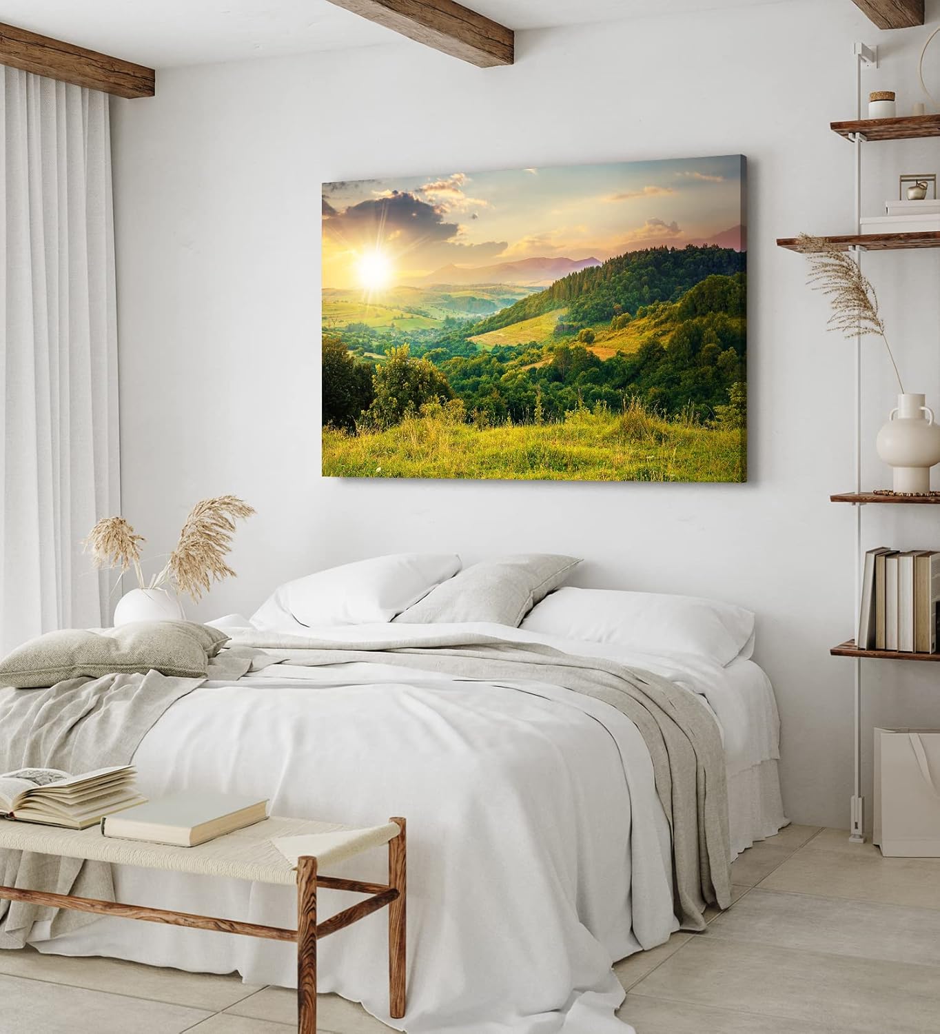 Paul Sinus Wandbild 120x80cm Hügellandschaft Sonnenuntergang Berge Grün Wiesen