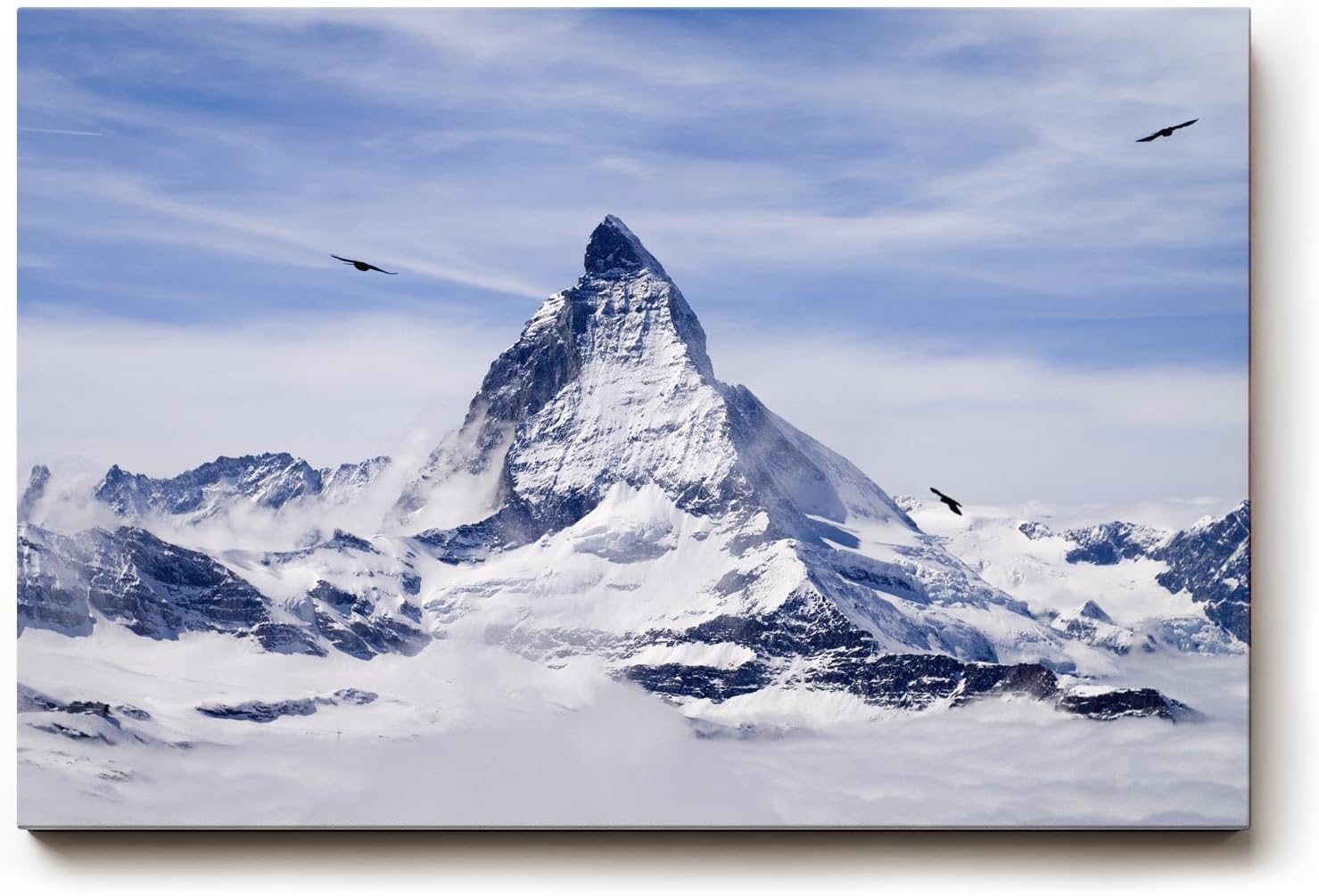 Sinus Art Wandbild 120x80cm Imposantes Matterhorn umgeben von Gletschern und schwebenden Vögeln