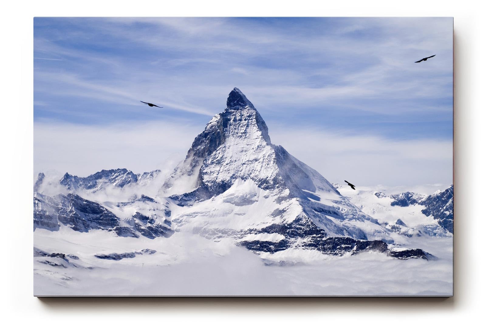 Sinus Art Wandbild 120x80cm Imposantes Matterhorn umgeben von Gletschern und schwebenden Vögeln