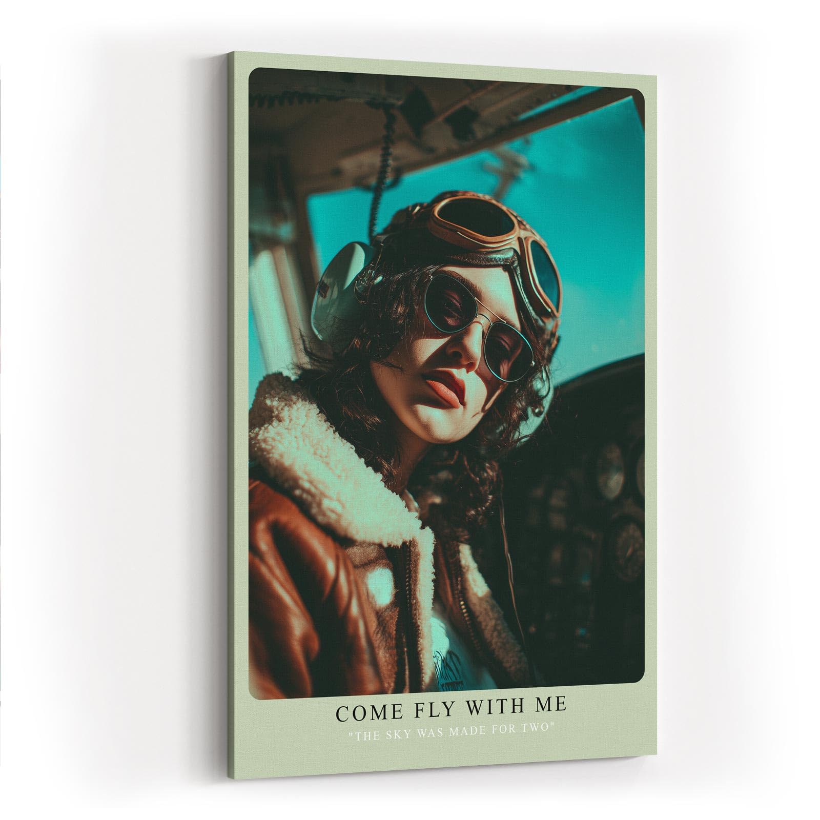 Paul Sinus Wandbild in 40x60cm Come Fly With Me Retro Pilot Woman in Aviator Jacket and Goggles in Sunlit Cockpit