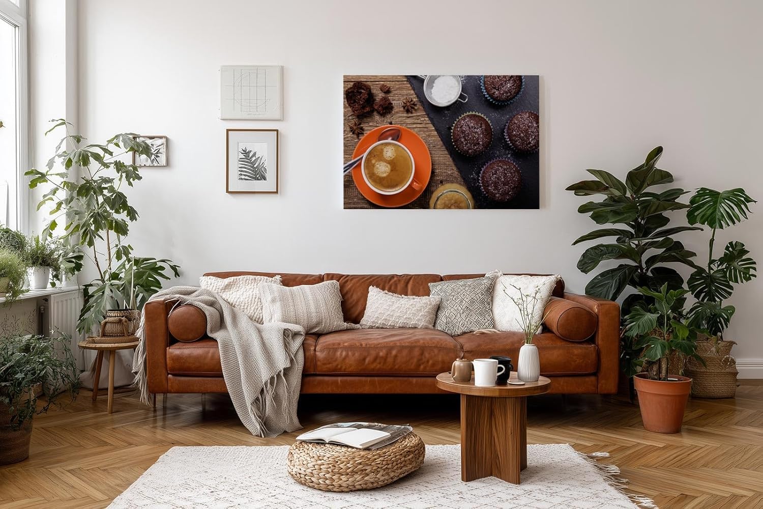 Sinus Art Wandbild 120x80cm Leckeres Stillleben aus Kaffee, Schoko-Muffins und Gewürzen auf rustikalem Holzuntergrund