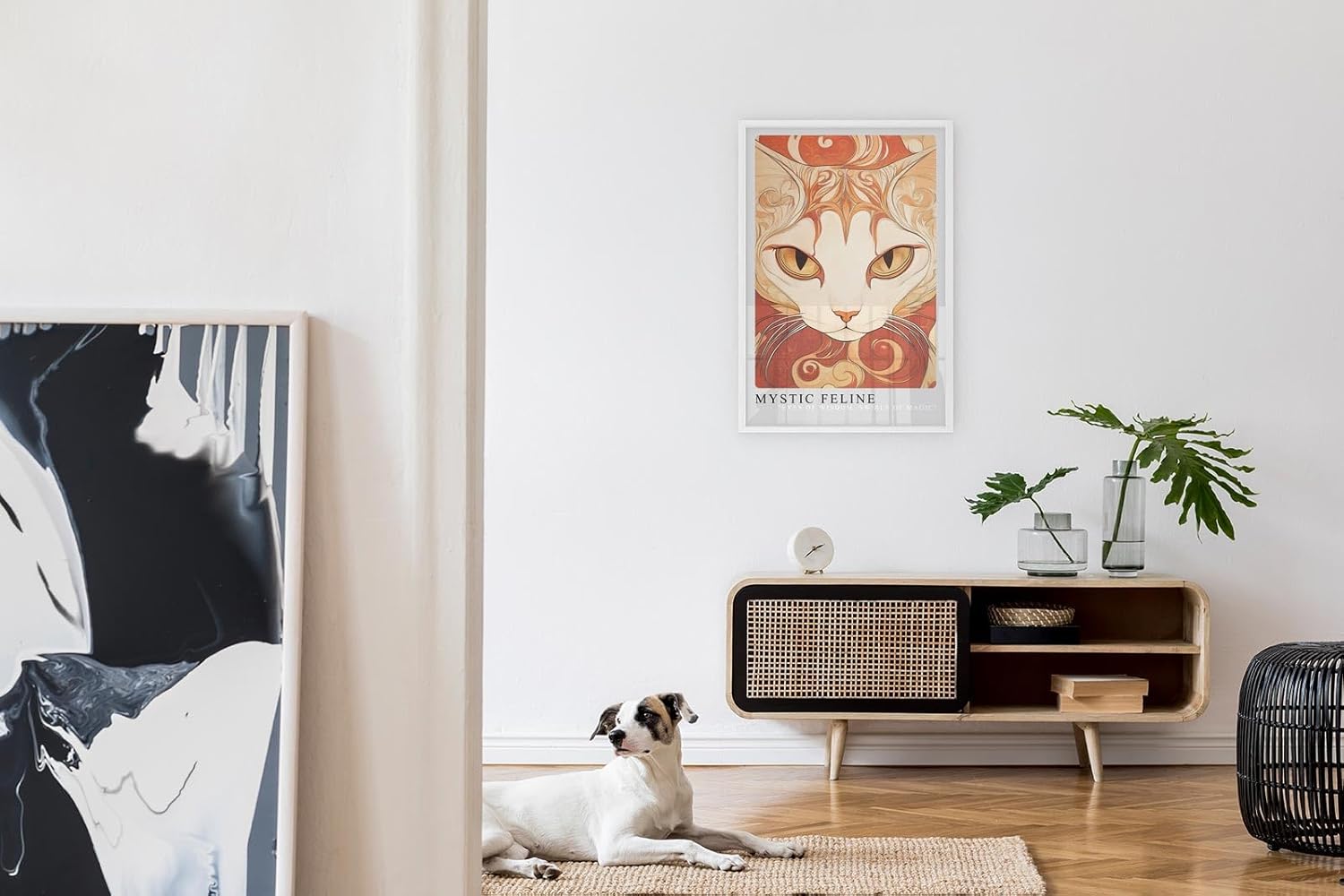 Paul Sinus Leinwandbild 80x120cm mystisches Katzenporträt mit kunstvollen Ornamenten und intensiven Augen, faszinierende Wandkunst in warmen Erdtönen
