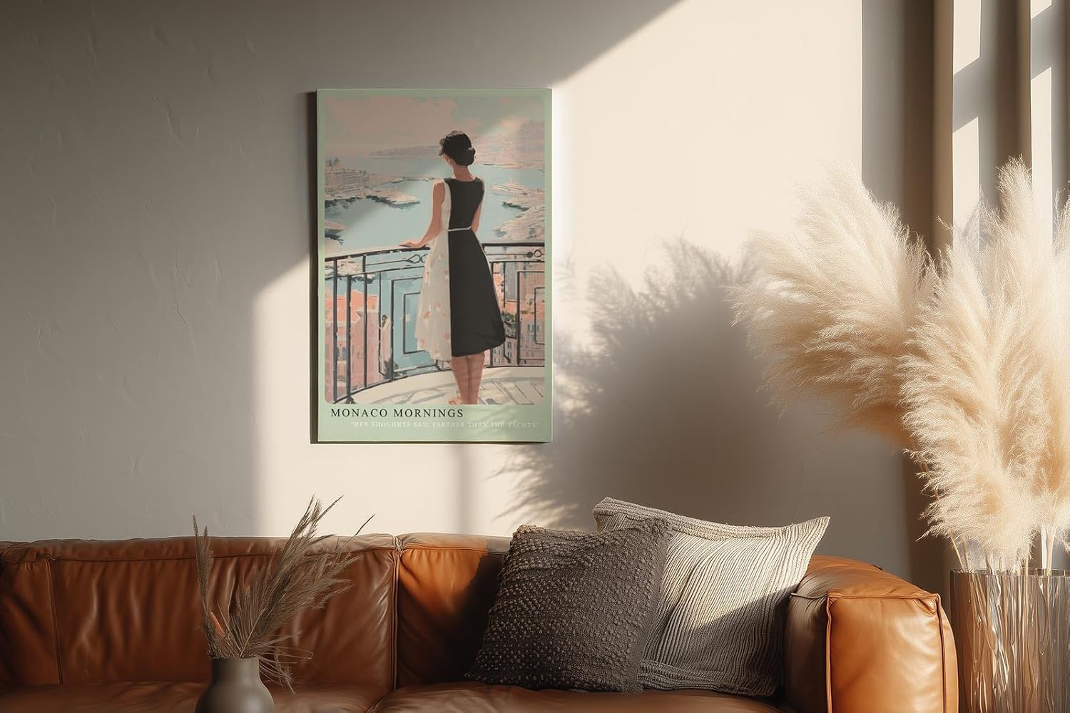 Paul Sinus Wandbild in 40x60cm Monaco Mornings – Elegantes Porträt einer Frau auf einem Balkon mit Blick auf den Hafen von Monaco, moderne Bilder in warmen Pastelltönen