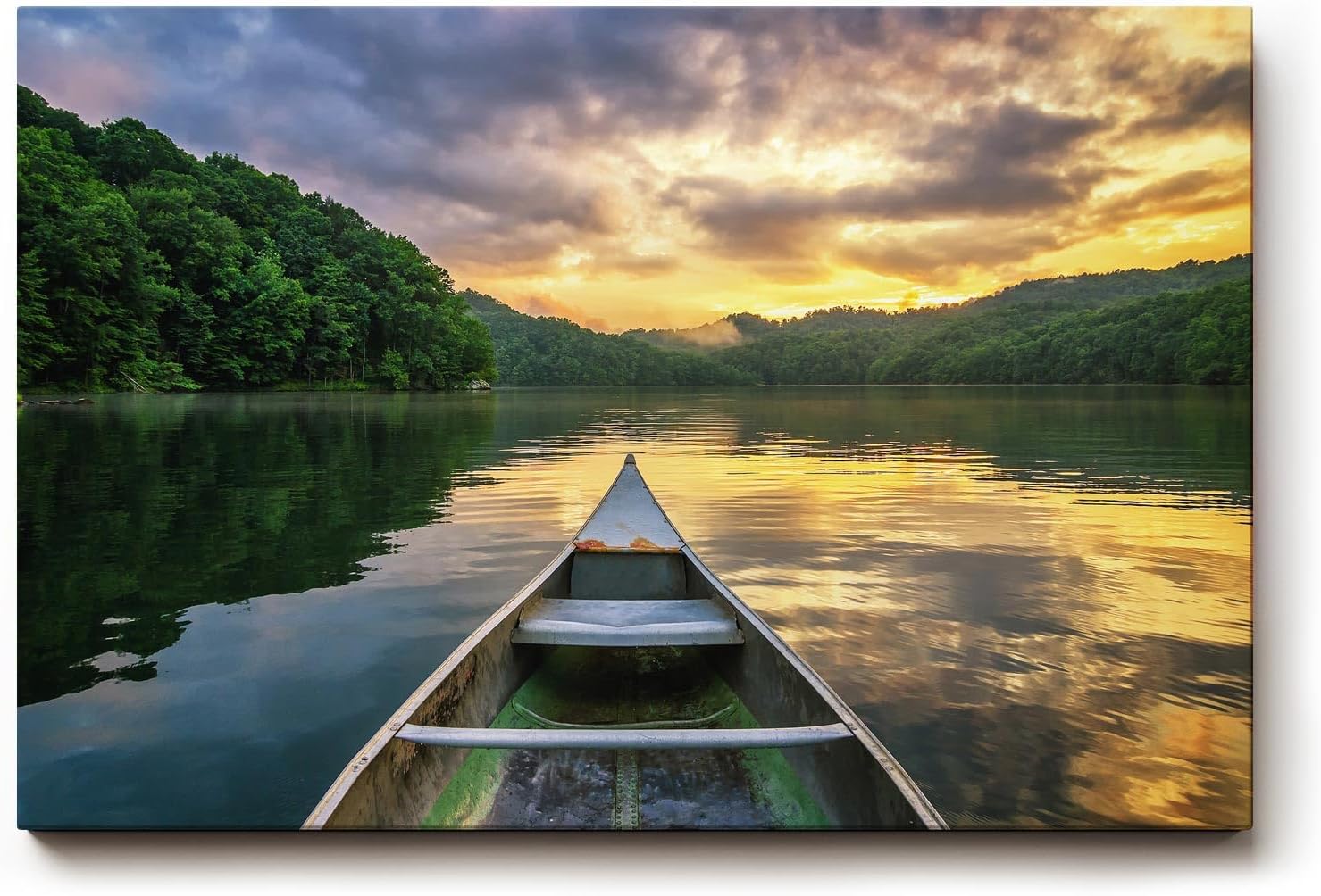 Sinus Art Wandbild 120x80cm Faszinierender Blick vom Boot über den See mit goldener Himmelsreflexion