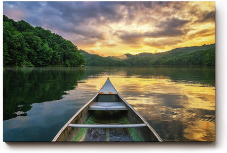 Sinus Art Wandbild 120x80cm Faszinierender Blick vom Boot über den See mit goldener Himmelsreflexion