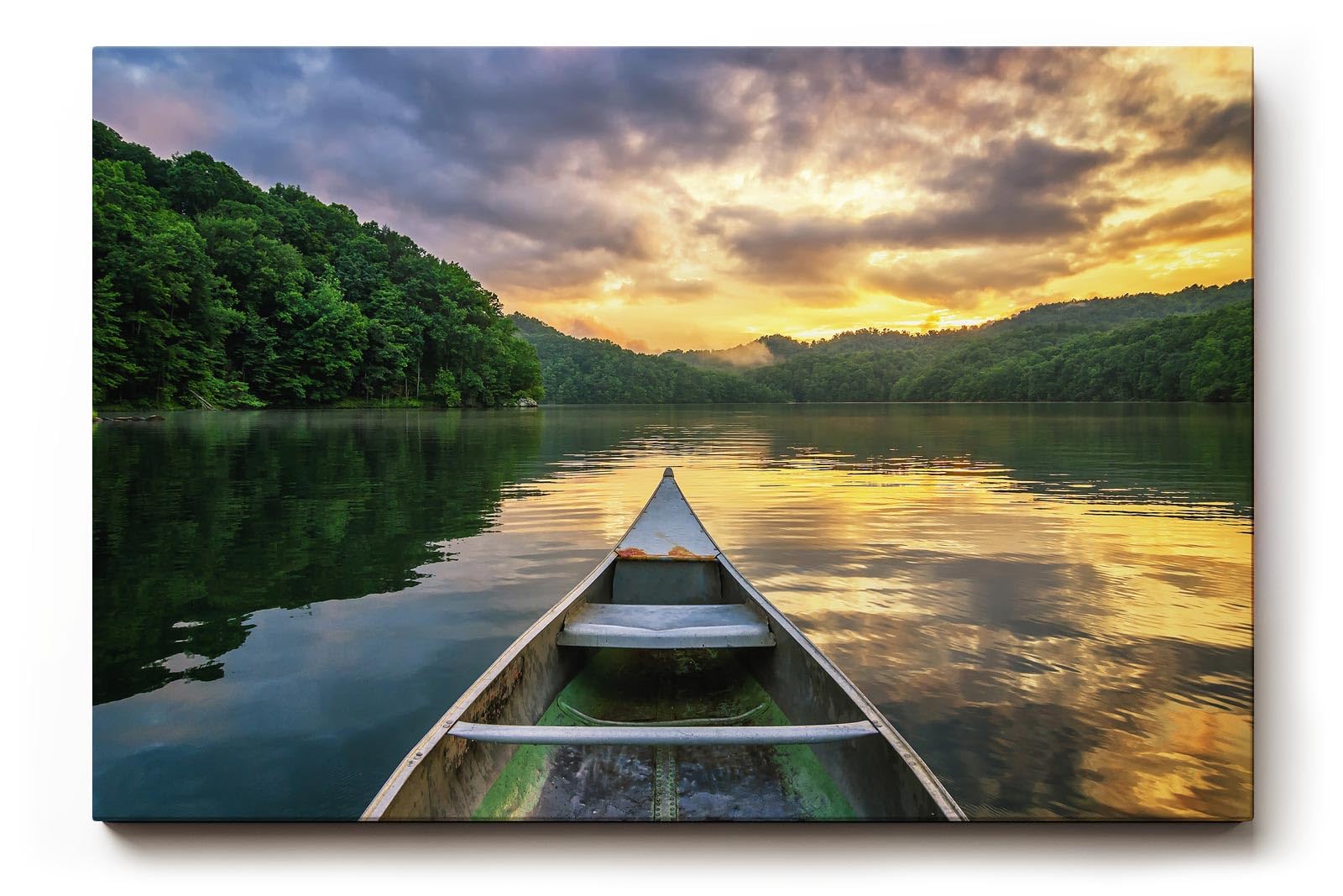 Sinus Art Wandbild 120x80cm Faszinierender Blick vom Boot über den See mit goldener Himmelsreflexion
