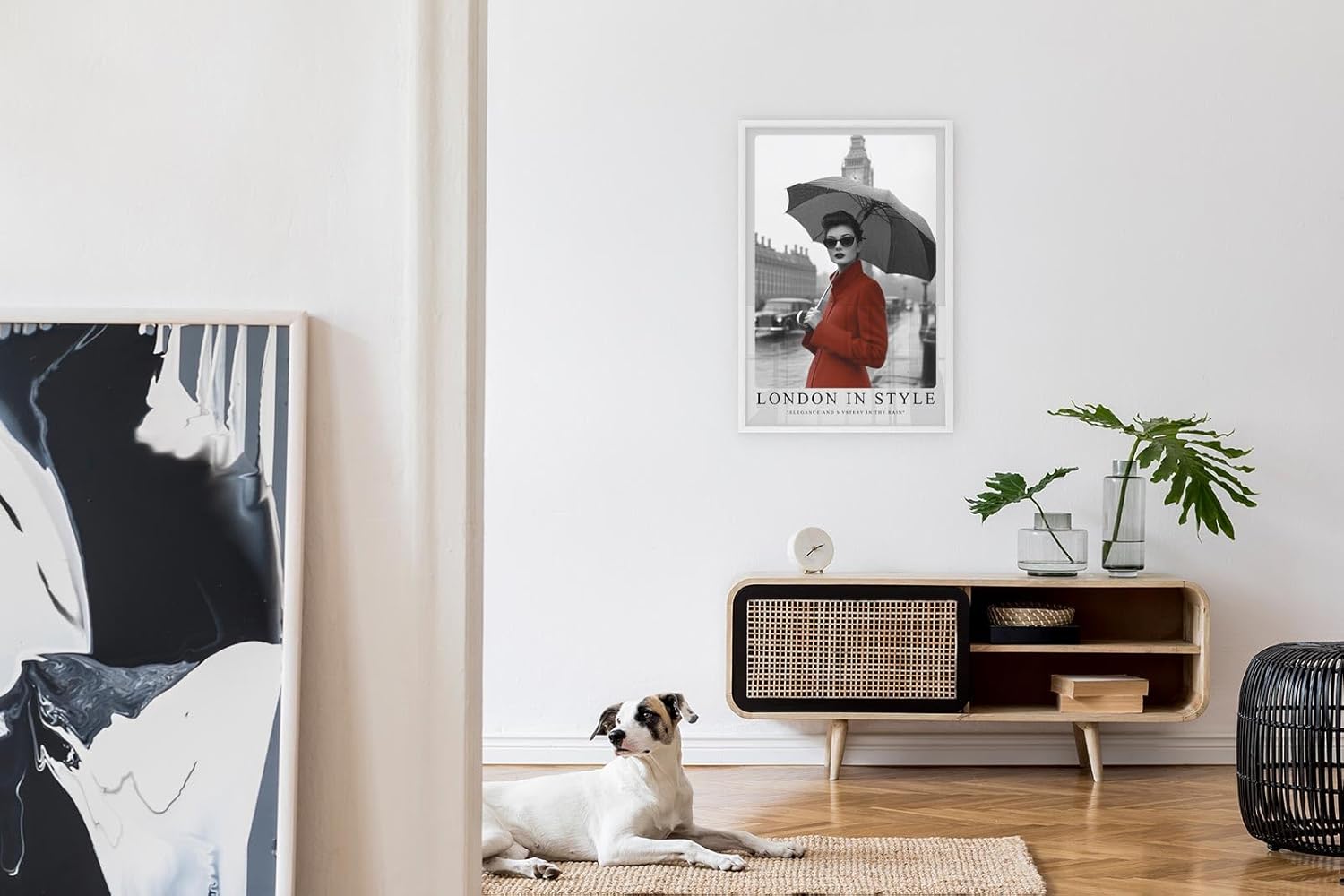 Paul Sinus Leinwandbild 40x60cm Leinwandbild London in Style – Elegante Frau mit rotem Mantel vor Big Ben, stilvolle Schwarz-Weiß-Fotografie