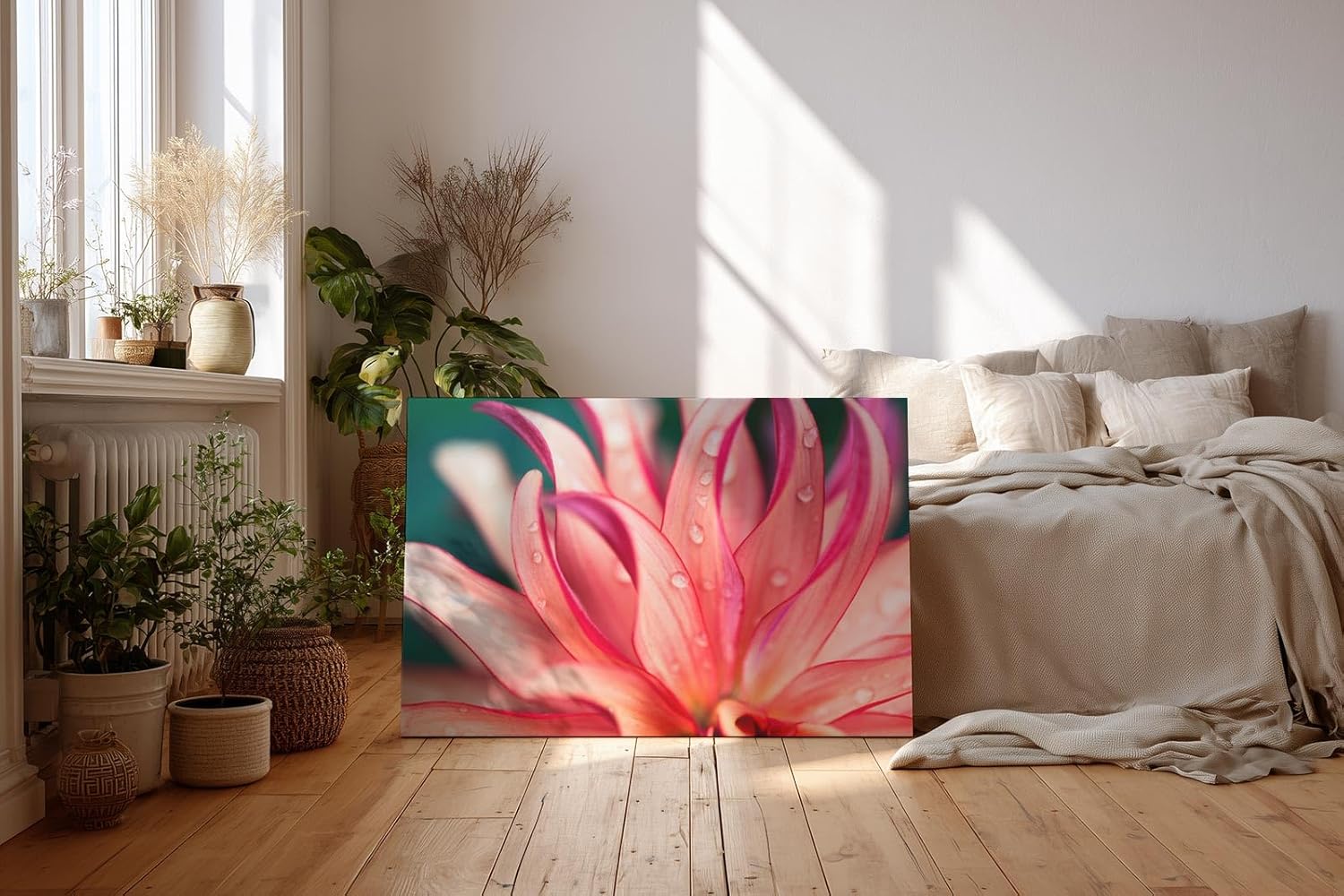 Sinus Art Wandbild 120x80cm Blüte in Pink mit Tautropfen – faszinierende Struktur und frische Ästhetik