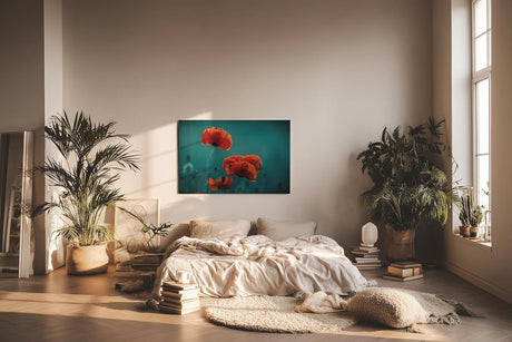 Sinus Art Wandbild 120x80cm Leuchtende Mohnblüten heben sich kontrastreich vom dunklen Hintergrund ab