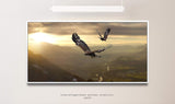 Adler in einer Gebirgslandschaft ca. 130x70cm Wandbild inklusive Schattenfugenrahmen weiss - Panorama Leinwand Bild XXL Format Wandbilder Wohnzimmer Wohnung Deko Kunstdrucke