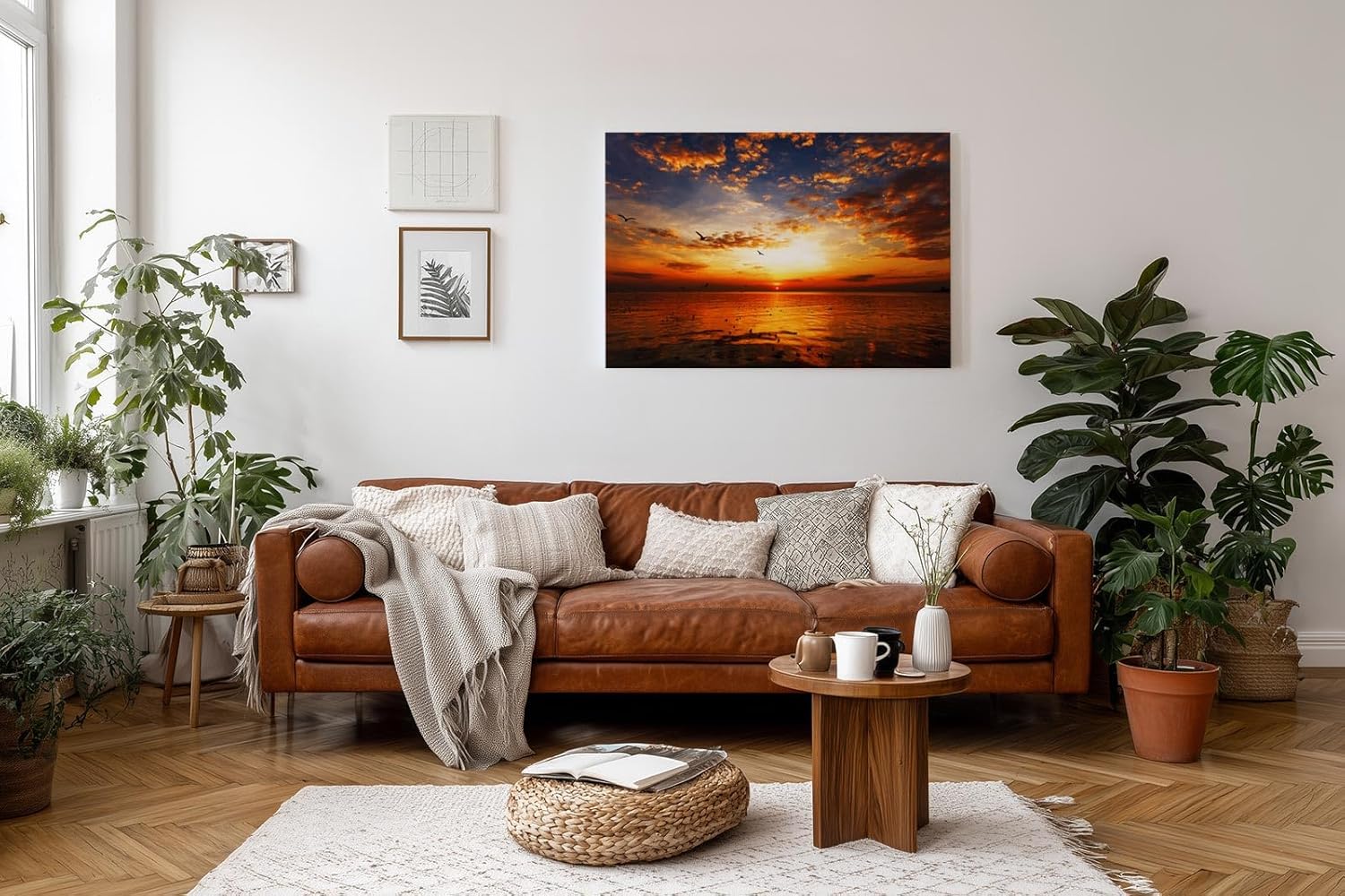Sinus Art Wandbild 120x80cm Imposanter Sonnenuntergang mit Spiegelungen auf der Wasseroberfläche und fliegenden Vögeln