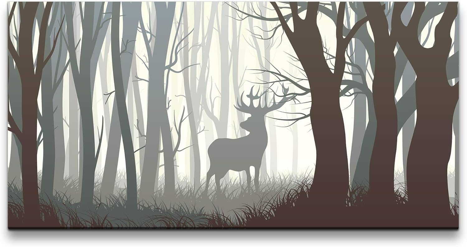 Rehbock in einem Wald ca. 130x70cm Wandbild inklusive Schattenfugenrahmen weiss - Panorama Leinwand Bild XXL Format Wandbilder Wohnzimmer Wohnung Deko Kunstdrucke