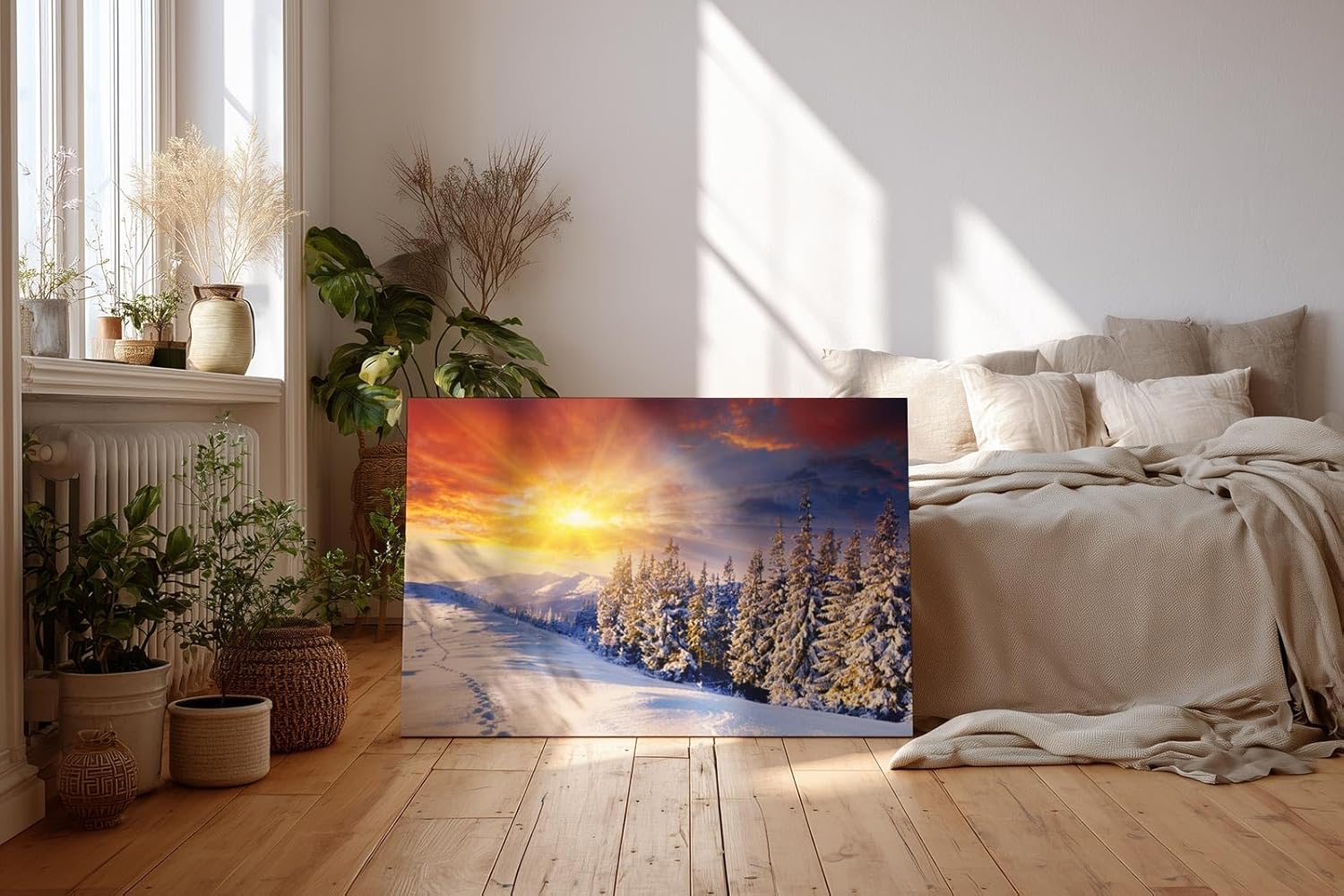 Sinus Art Wandbild 120x80cm Schneebedeckter Nadelwald im Morgenlicht – intensiv, leuchtend und ruhig zugleich