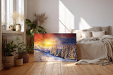 Sinus Art Wandbild 120x80cm Schneebedeckter Nadelwald im Morgenlicht – intensiv, leuchtend und ruhig zugleich