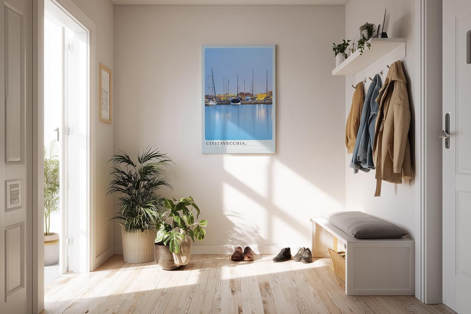 Paul Sinus Kunstdruck 40x60cm Civitavecchia Hafen in der Dämmerung – mediterrane Stimmung mit Segelbooten und Lichtreflexen