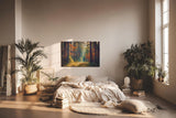 Sinus Art Wandbild 120x80cm Waldweg durch herbstlich gefärbten Wald mit Lichtspiel für gemütliche Raumwirkung