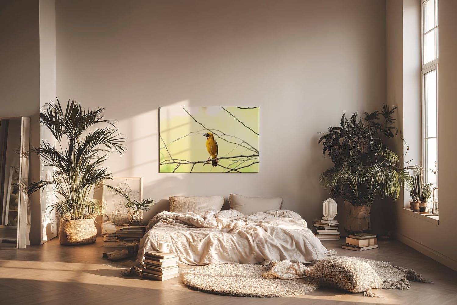 Sinus Art Wandbild 120x80cm Minimalistisches Vogelmotiv mit gelbem Farbakzent auf hellem Hintergrund für moderne Räume