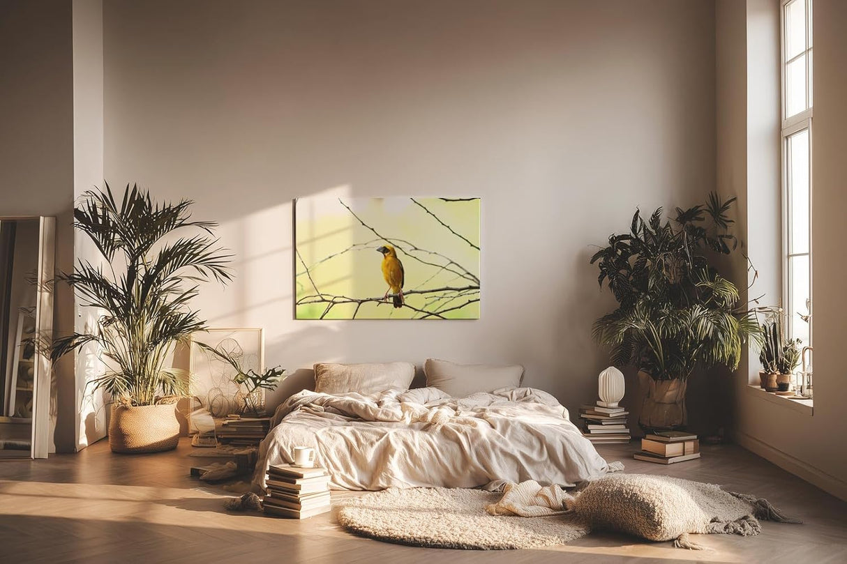 Sinus Art Wandbild 120x80cm Minimalistisches Vogelmotiv mit gelbem Farbakzent auf hellem Hintergrund für moderne Räume