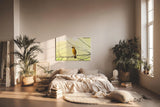 Sinus Art Wandbild 120x80cm Minimalistisches Vogelmotiv mit gelbem Farbakzent auf hellem Hintergrund für moderne Räume